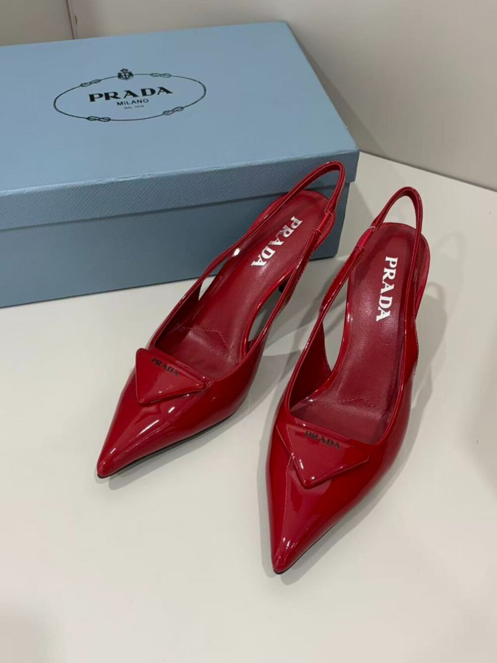 Prada Red Patent Leather Pointed Toe Slingback Kitten Heels